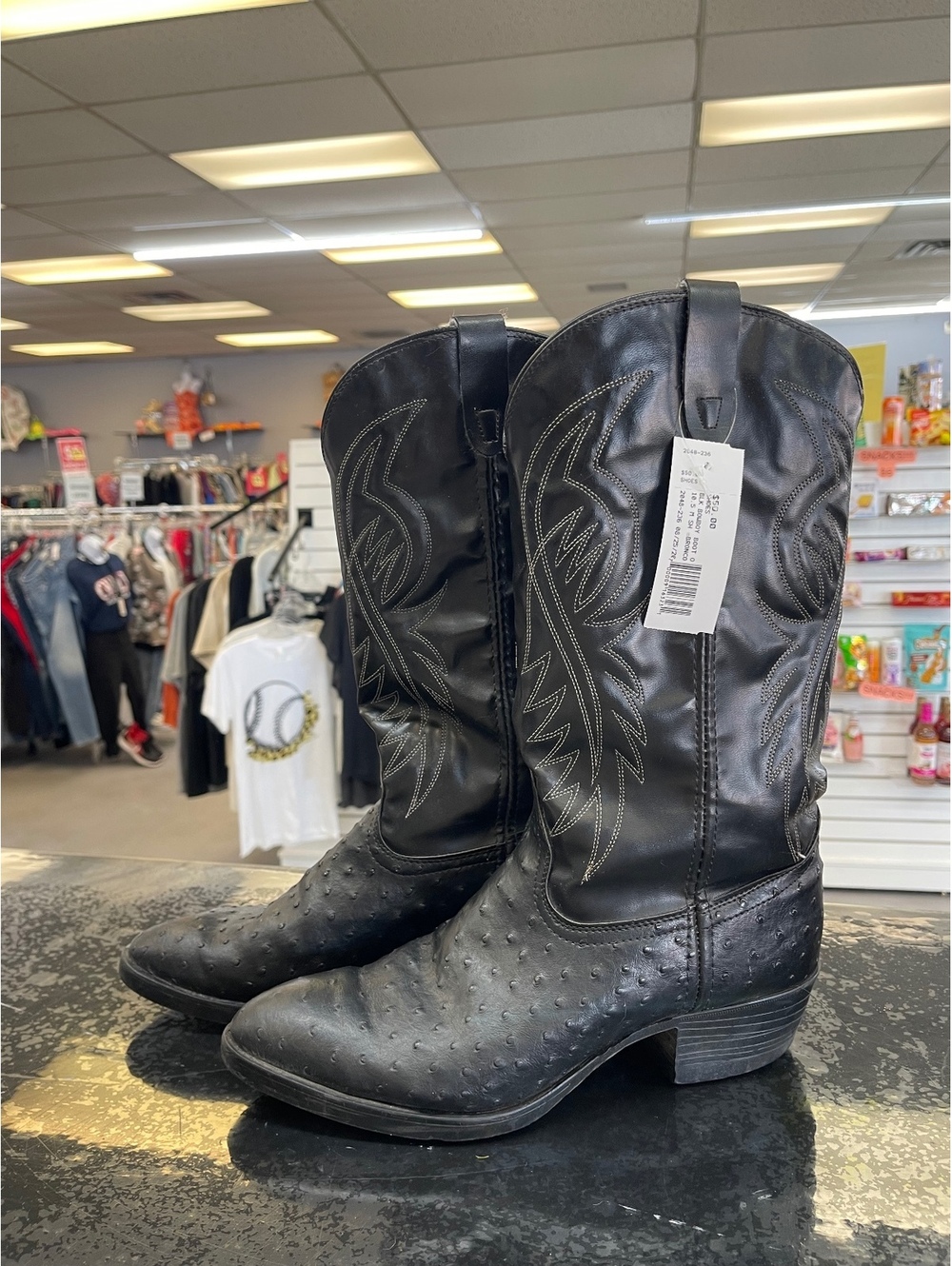 Bronco Black Western Cowboy Boots with Textured Leather and Stitch Detailing, Sz
